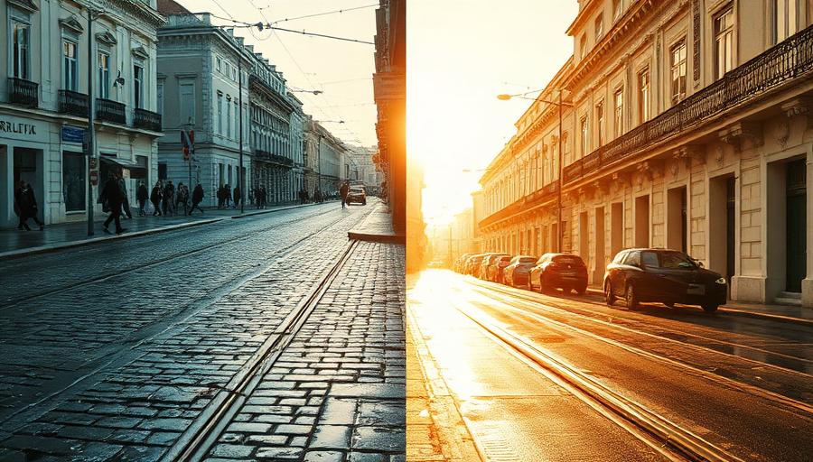 Rain-to-sun swap moment on a Lisbon street